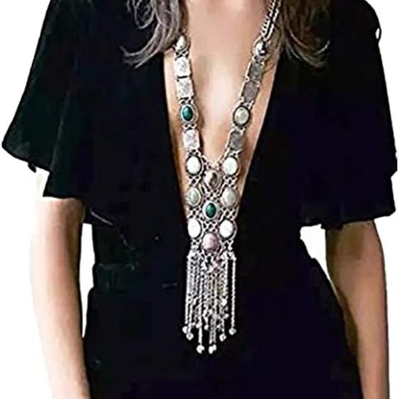 Turquoise Long Boho Bohemian Statement Ethnic Tribal Necklace for Women Vintage - Picture 4 of 7